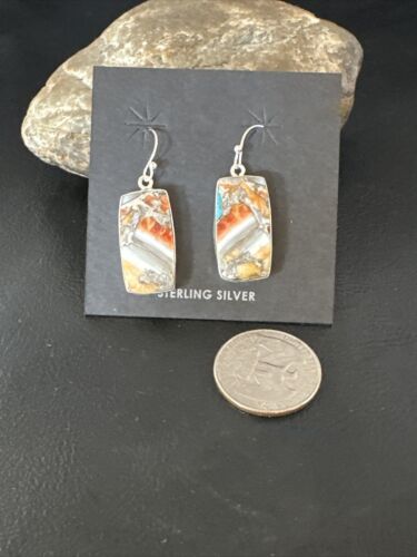 Navajo Blue Turquoise & Orange Spiny Oyster Inlay Dangle Earrings | Sterling Silver | 15582