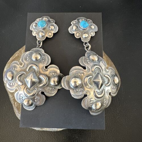 Navajo Stamped Sterling Silver Earrings Set | Handmade | 2.75" | Authentic Native American | 16341