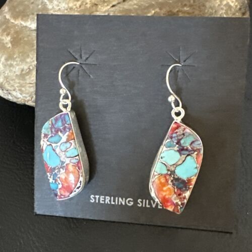 Navajo Blue Turquoise Red Spiny Oyster Inlay Dangle Earrings | Sterling Silver | 15579