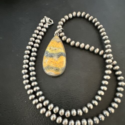Navajo BumbleBee Jasper Pendant Necklace | Sterling Silver Pearls | Authentic Native American Handmade | 16843