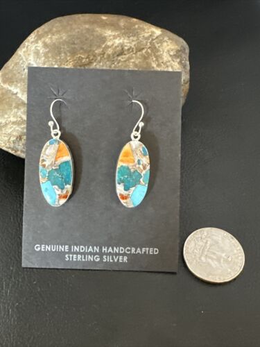 Navajo Blue Turquoise & Orange Spiny Oyster Inlay Dangle Earrings | Sterling Silver | 15586