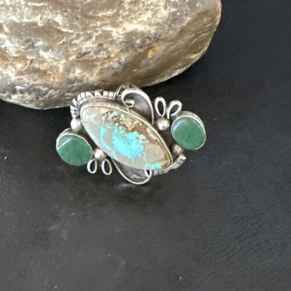 Navajo Green Turquoise Cluster Ring | Authentic Native American Sterling Silver | Multi-Stone | Sz 9 | 14843