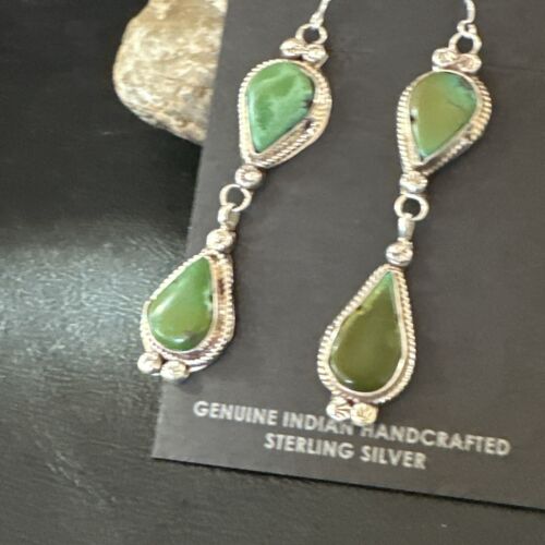 Navajo Green Royston Turquoise Dangle Earrings | Sterling Silver | Authentic Native American Handmade | 17142
