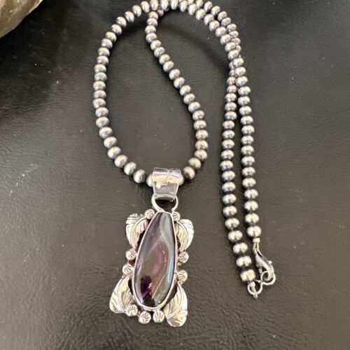 Navajo Pearls Purple Sugilite Pendant Necklace | Sterling Silver Beads | Authentic Native American Handmade | 16463
