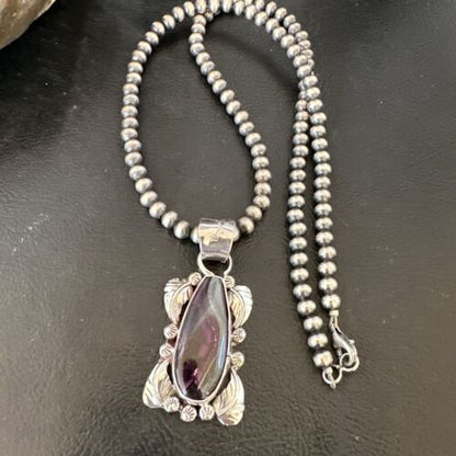 Navajo Pearls Purple Sugilite Pendant Necklace | Sterling Silver Beads | Authentic Native American Handmade | 16463