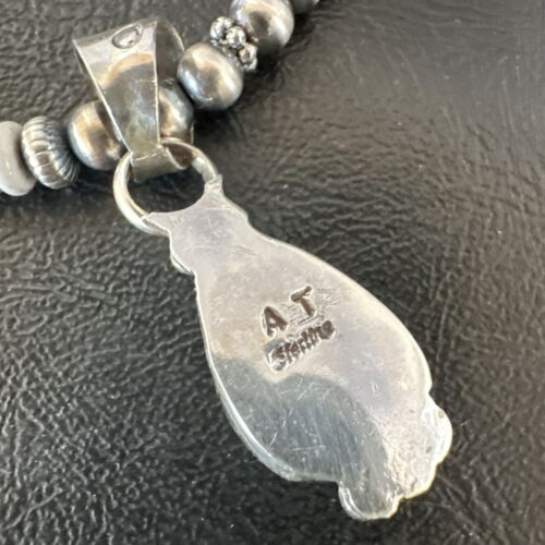 Navajo White Buffalo Turquoise Pendant Necklace | Sterling Silver | Authentic Native American Handmade | 17349