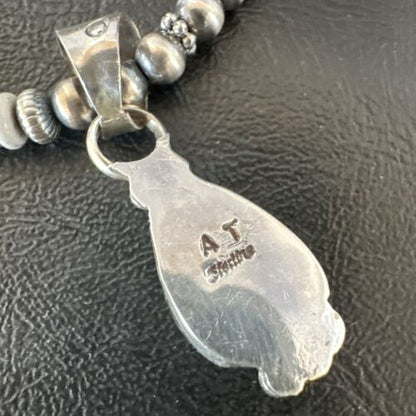 Navajo White Buffalo Turquoise Pendant Necklace | Sterling Silver | Authentic Native American Handmade | 17349