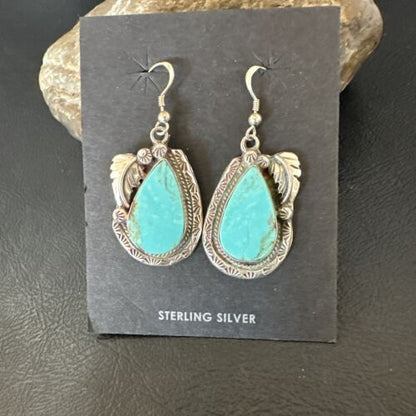 Navajo Blue Kingman Turquoise Dangle Earrings | Sterling Silver | Authentic Native American Handmade | 17373