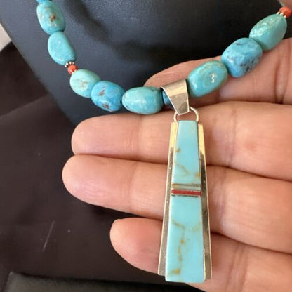 Navajo Blue Turquoise Inlay Pendant Necklace | Sterling Silver | 19" | Authentic Native American Handmade | 17491