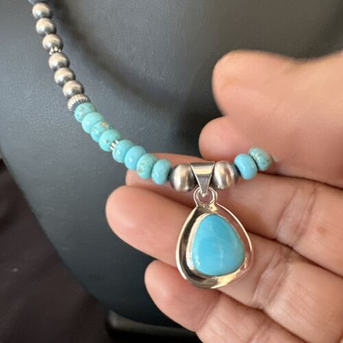 Men's Blue Turquoise Pendant Necklace | Navajo Pearls | Sterling Silver | Authentic Native American Handmade | 16644