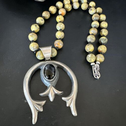 Men's Black Onyx Naja Pendant | Navajo Bumblebee Sterling Silver Necklace | Authentic Native American Handmade | 16092 - Masha USA