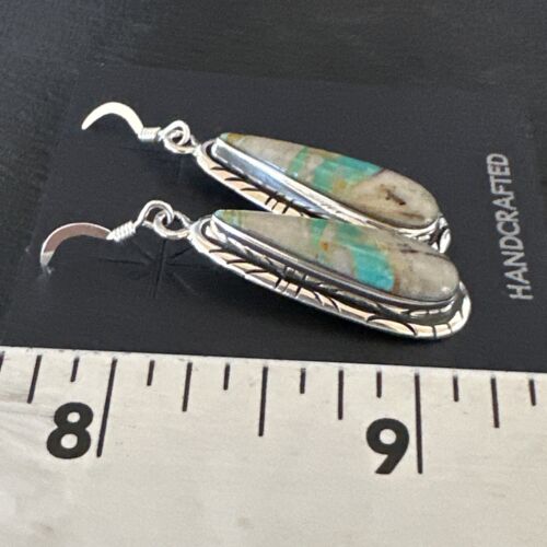 Navajo Blue Boulder Turquoise Dangle Earrings | Sterling Silver | Authentic Native American Handmade | 16504