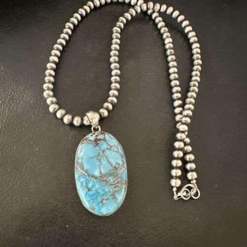 Navajo Blue Spiderweb Turquoise Pendant Necklace | Sterling Silver | Authentic Native American Handmade | 17020