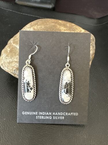 Navajo White Buffalo Turquoise Dangle Earrings | Sterling Silver | Authentic Native American Handmade | 16515