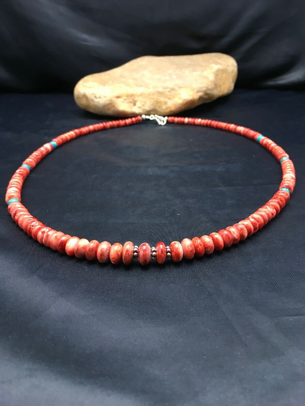 Authentic Native American Navajo Graduated Red Spiny Oyster Necklace | Sterling Silver | 22" | 4096