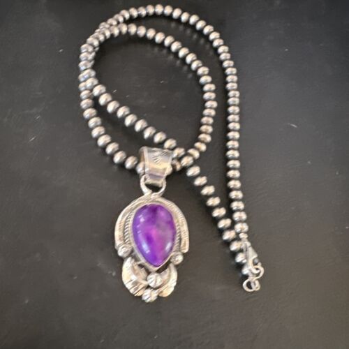 Navajo Purple Sugilite Pendant with Pearls | Sterling Silver Necklace | Authentic Native American Handmade | 15452
