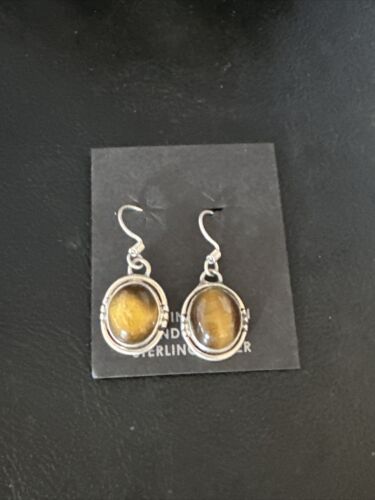 Navajo Coffee Tiger's Eye Dangle Earrings | Sterling Silver | Authentic Native American Handmade | 14920