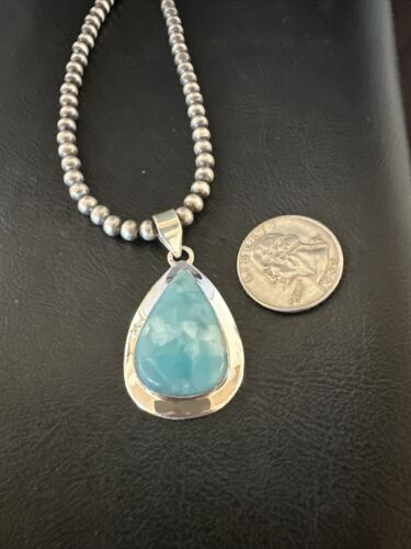Navajo Blue Larimar Pendant Necklace | Sterling Silver Beads | Authentic Native American Handmade | 17569 - Masha USA
