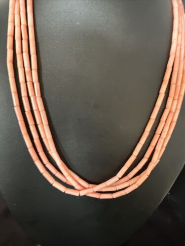 Pink Coral Tube Heishi Bead Necklace | 4 Strand Navajo Sterling Silver | 18" | 15279