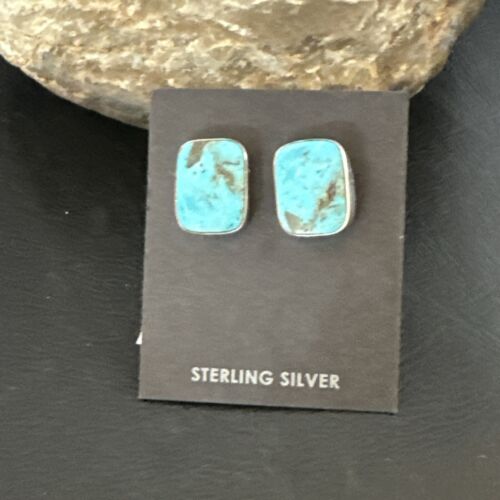 Navajo Blue Kingman Turquoise Post Stud Earrings | Sterling Silver | Authentic Native American Handmade | 17410