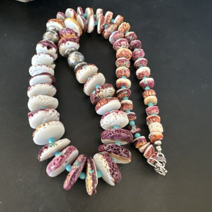 Purple Spiny Oyster & Turquoise Necklace | Navajo Sterling Silver | Authentic Native American | 25" | 15023