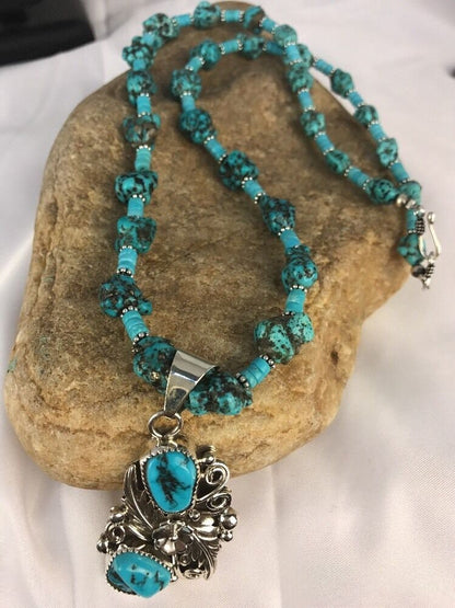 Navajo Sterling Silver Kingman Turquoise Nugget Pendant Necklace | Multi-Stone | Native American | 3126