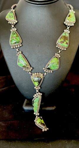 Navajo Green Spiderweb Turquoise Necklace | Men's Lariat | 30" | Authentic Native American Handmade | 17435