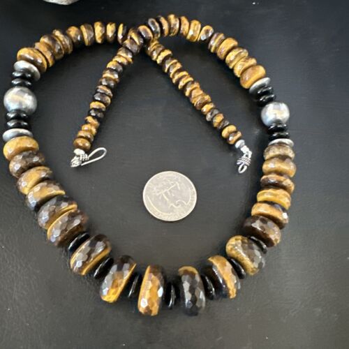 Navajo Coffee Tiger's Eye & Black Onyx Necklace | Sterling Silver Navajo Pearls | 22" | Authentic Native American | 15228