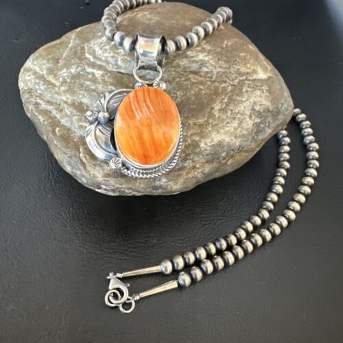 Navajo Orange Spiny Oyster Pendant Necklace | Sterling Silver | Authentic Native American Handmade | 15630