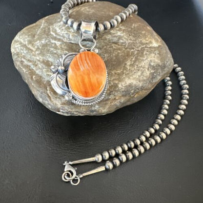 Navajo Orange Spiny Oyster Pendant Necklace | Sterling Silver | Authentic Native American Handmade | 15630