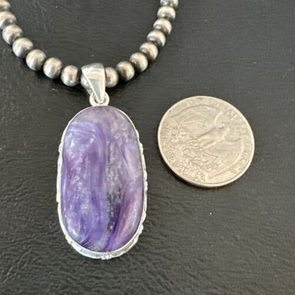 Navajo Purple Charoite Pendant with Pearls | Sterling Silver Necklace | Authentic Native American Handmade | 17313