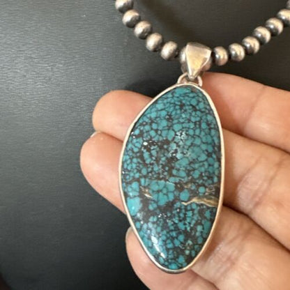 Men's Navajo Blue Spiderweb Turquoise Pendant Necklace | Sterling Silver | Authentic Native American Handmade | 16217