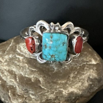 Kingman Turquoise Coral Cuff Bracelet | Navajo Tufa Cast | Sterling Silver | Authentic Native American Handmade | 16780