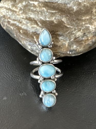 Navajo Women's Cluster Blue Larimar Ring | Authentic Native American Sterling Silver | Multi-Stone | Sz 8.5 | 15940