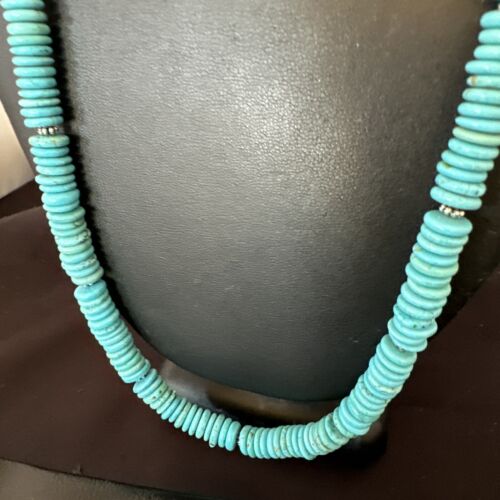 Men's Navajo Blue Turquoise Heishi Necklace | Sterling Silver | 24" | Authentic Native American Handmade | 16340 - Masha USA