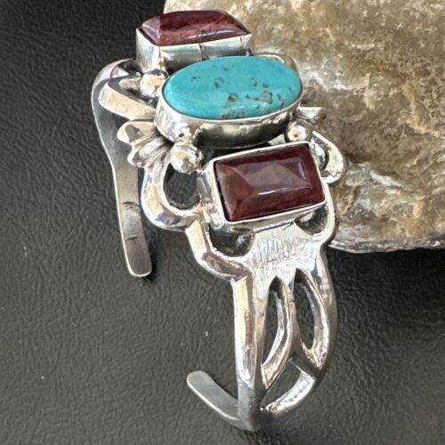 Navajo Kingman Turquoise Spiny Cuff Bracelet | Sterling Silver Tufa Cast | Authentic Native American Handmade | 16407