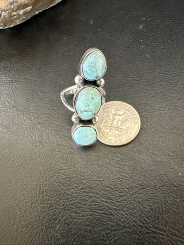 Navajo Blue Dry Creek Turquoise Cluster Ring | Authentic Native American Sterling Silver | Multi-Stone | Sz 8.5 | 17839