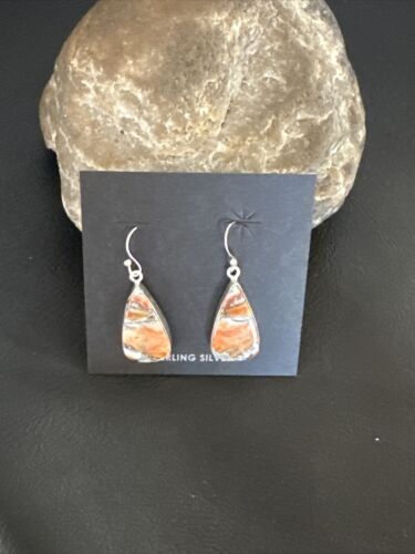 Navajo Blue Turquoise & Orange Spiny Oyster Inlay Dangle Earrings | Sterling Silver | Native American Handmade | 15581