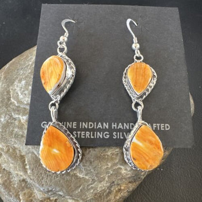 Navajo Orange Spiny Oyster Dangle Earrings | Sterling Silver | 1.5" | Authentic Native American Handmade | 16563