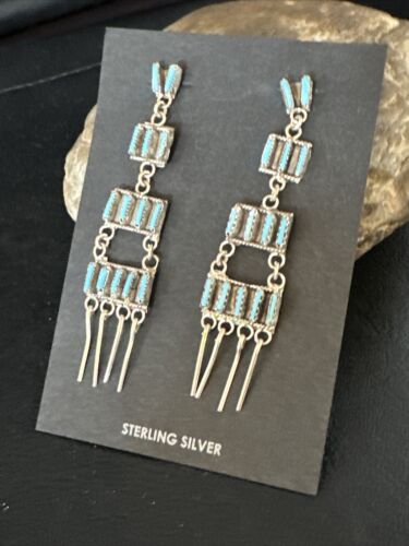 Zuni Kingman Turquoise Needle Point Dangle Earrings | Sterling Silver | 4 Tier | 14872