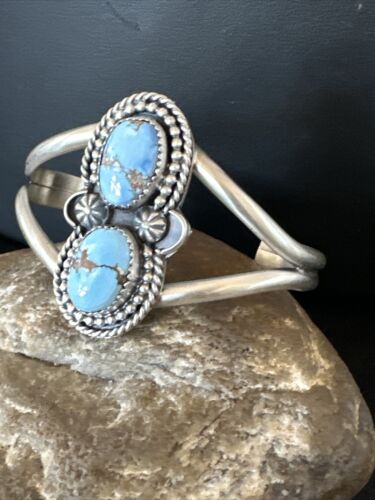 Navajo Blue Golden Hills Turquoise Cuff Bracelet | Sterling Silver | Authentic Native American Handmade | 16429