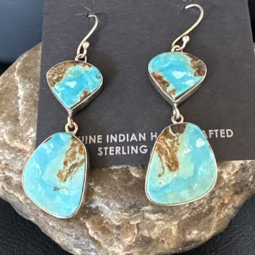 Navajo Blue Kingman Turquoise Dangle Earrings | Sterling Silver | Authentic Native American Handmade | 15113