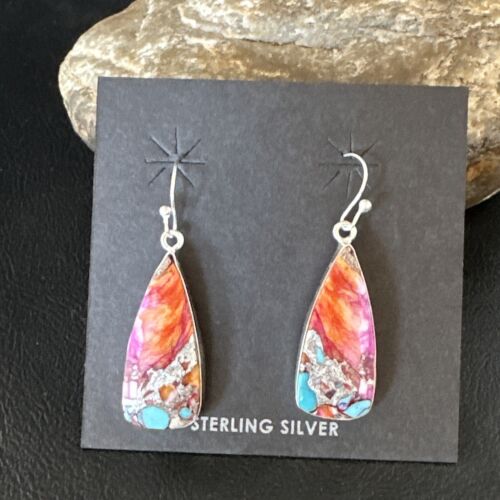 Navajo Red Spiny Oyster Turquoise Inlay Dangle Earrings | Sterling Silver | Authentic Native American Handmade | 15559