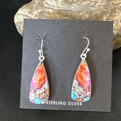 Navajo Red Spiny Oyster Turquoise Inlay Dangle Earrings | Sterling Silver | Authentic Native American Handmade | 15559