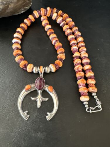 Navajo Orange Purple Spiny Oyster Naja Pendant Necklace | Sterling Silver | Authentic Native American Handmade | 15536