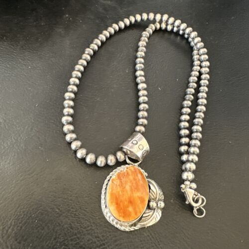 Navajo Orange Spiny Oyster Pendant Necklace | Sterling Silver Pearls | Authentic Native American Handmade | 16557