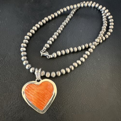 Navajo Orange Heart Spiny Oyster Pendant | Sterling Silver Necklace | Authentic Native American Handmade | 15014