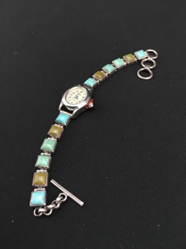 Navajo Blue Green Turquoise Watch Tips | Sterling Silver | Vintage | 7" | Authentic Native American Jewelry | 04916