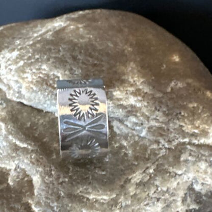 Navajo Stamped Wide Band Ring | Sterling Silver | Sz 5 | Authentic Native American Handmade | 15295