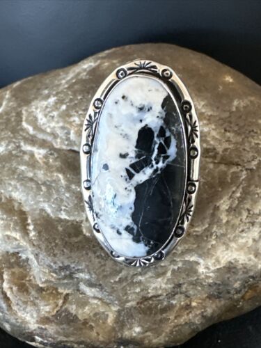 White Buffalo Turquoise Navajo Ring | Sterling Silver | Sz 11 | Authentic Native American Handmade | 16389